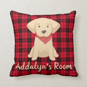 Coussin Puppy Retriever doré personnalisé plaid Red Buffal