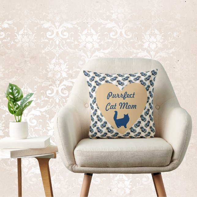 Coussin Purrfect Chat Maman Bleu et Or Coeur et Floral (Créateur téléchargé)