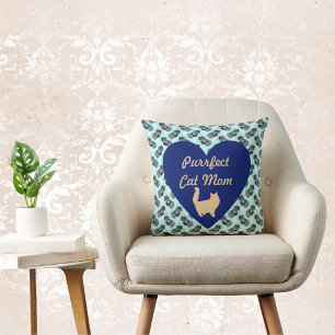 Coussin Purrffect Chat Maman Bleu et Or Coeur Floral Bleu