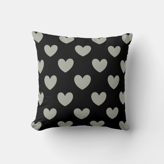 Coussin Pussywillow Coeurs de polka gris sur noir (Recto)
