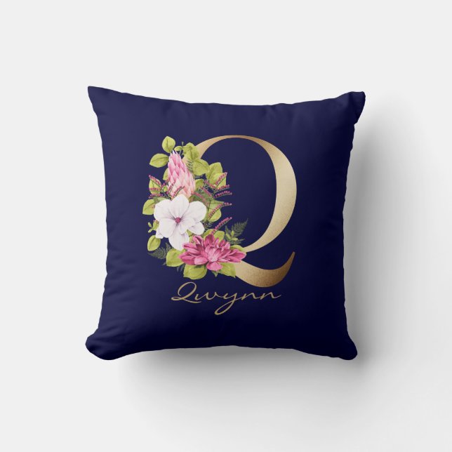 Coussin Q Lettre or Monogramme rose blanc magenta Floral (Recto)