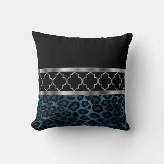 Coussin Quatrefoil bleu, noir et argent et léopard (Recto)