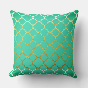 Coussin Quatrefoil Turquoise Blue Gold Seafoam Vert Blanc