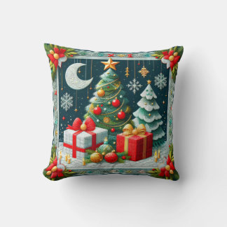 Coussin Quilt Look Christmas Scene Decorated Trees 