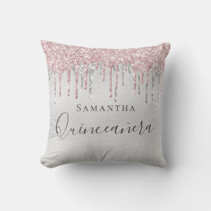 Coussin Quinceanera argent rose parties scintillant goutte