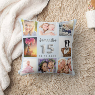 Coussin Quinceanera bébé bleu argent collage photo