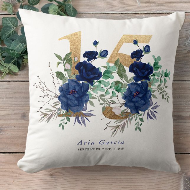 Coussin Quinceanera Blue Rose Floral Gold Numéro 15 (Créateur téléchargé)