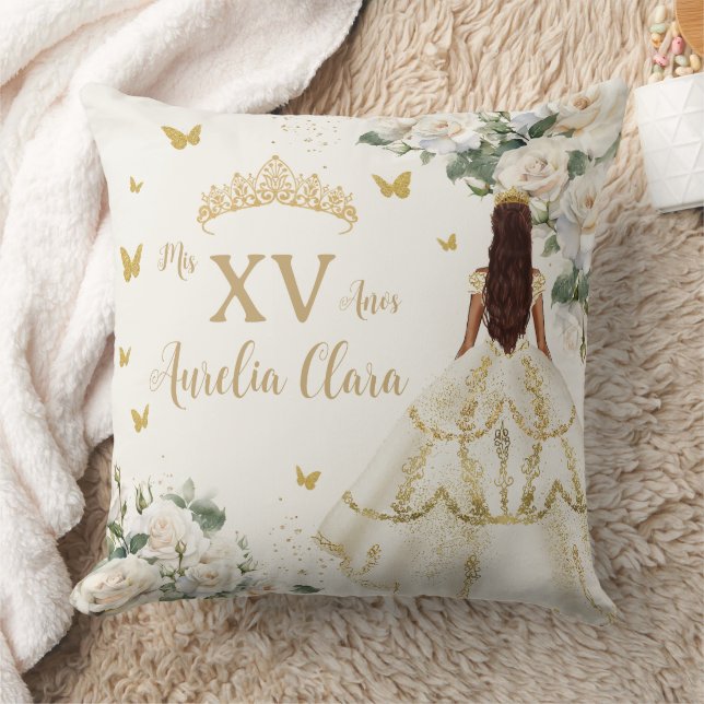 Coussin Quinceañera Ivory White Floral Robe Princesse Or (Couverture)