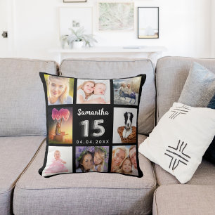 Coussin Quinceanera noir argent personnalisé photo collage