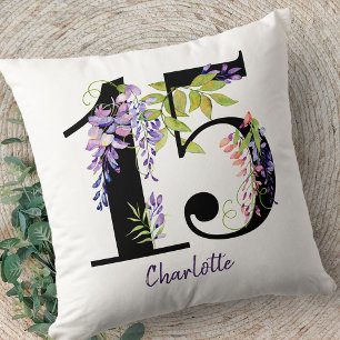 Coussin Quinceanera Numéro 15 Fleurs de bactéries violette