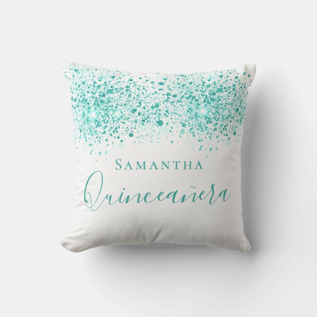 Coussin Quinceanera parties scintillant turquoise gouttes  (Recto)