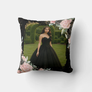 Coussin Quinceanera Photo Floral Noir et Rose Blush