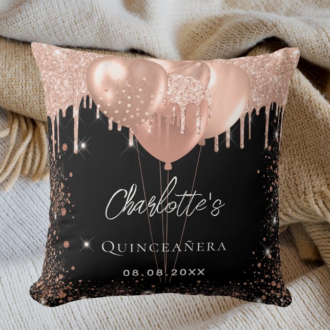 Coussin Quinceanera rose noir ballon d'or fête (Créateur téléchargé)