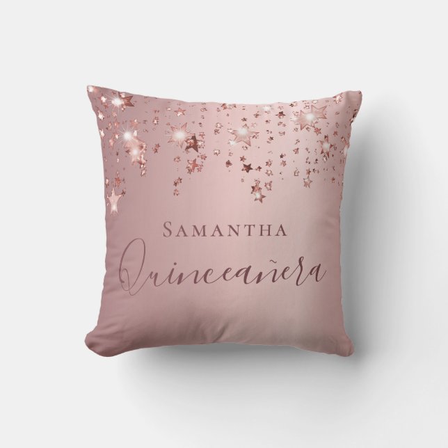 Coussin Quinceanera rose pâle nom monogramme scintillant (Recto)