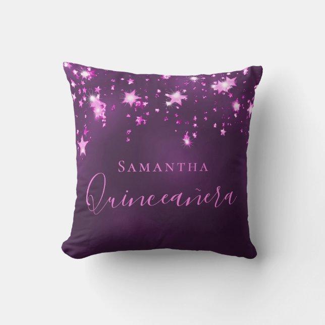 Coussin Quinceanera rose violet monogramme nom pétillant (Recto)