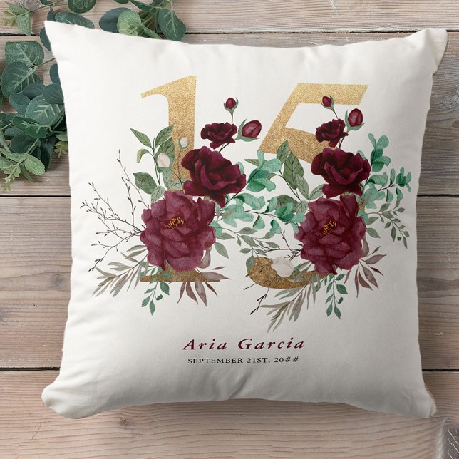 Coussin Quinceanera Rouge Rose Floral Or Numéro 15 (Créateur téléchargé)