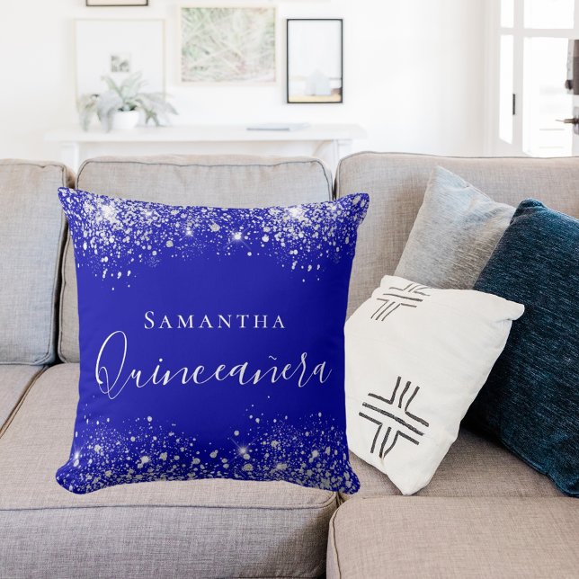 Coussin Quinceanera royal bleu argent nom de la poussière  (Créateur téléchargé)