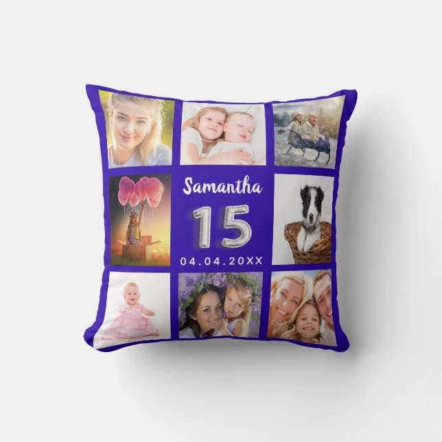 Coussin Quinceanera royal bleu argent photo collage (Recto)