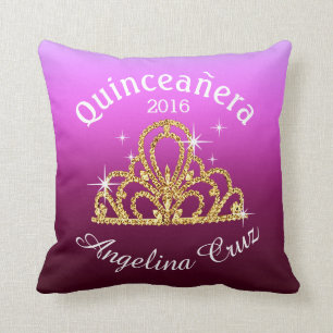 Coussin Quinceanera Tiara Bokeh Bling sombre violet