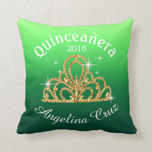 Coussin Quinceanera Tiara Bokeh Bling vert foncé