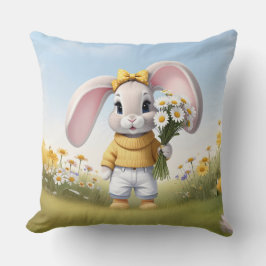 Coussin Rabbit holding bouquet of white daisies