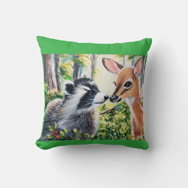 Coussin raccoon, deer throw pillow (Recto)