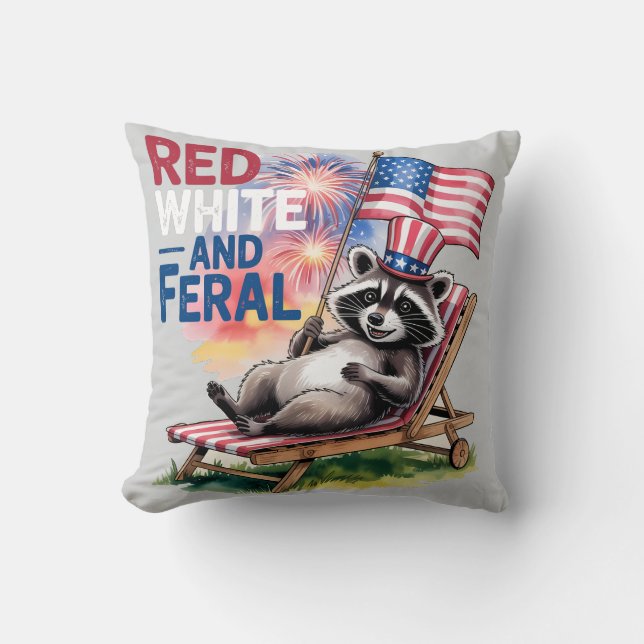 Coussin Raccoon Rouge Blanc Et Feral (Recto)