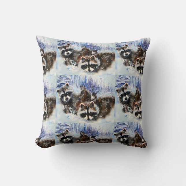 Coussin Raccoons and Snow from Original Art (Recto)