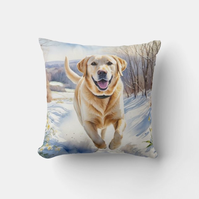 Coussin Race de chien jaune du Labrador hivernal d'aquarel (Recto)
