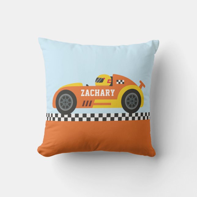 Coussin Racer en Orange et Jaune Race Car Boys Room (Recto)