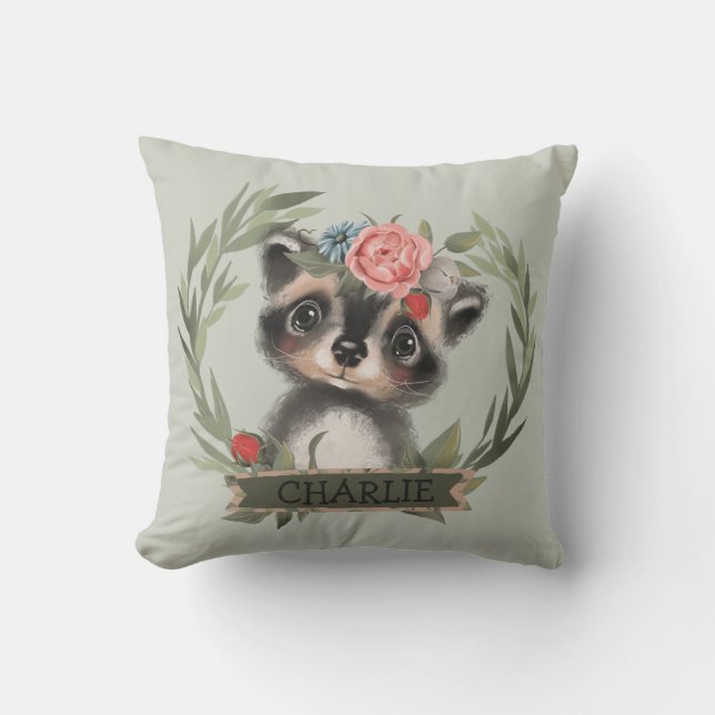 Coussin Racoon floral pour bébé (Recto)