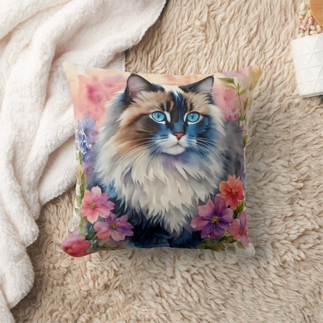 Coussin Ragdoll Chat Floral Portrait Art (Couverture)