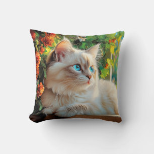Coussin Ragdoll portrait de chat avec fleurs