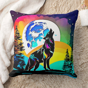 Coussin Rainbow Lunar Wolf Howl Art