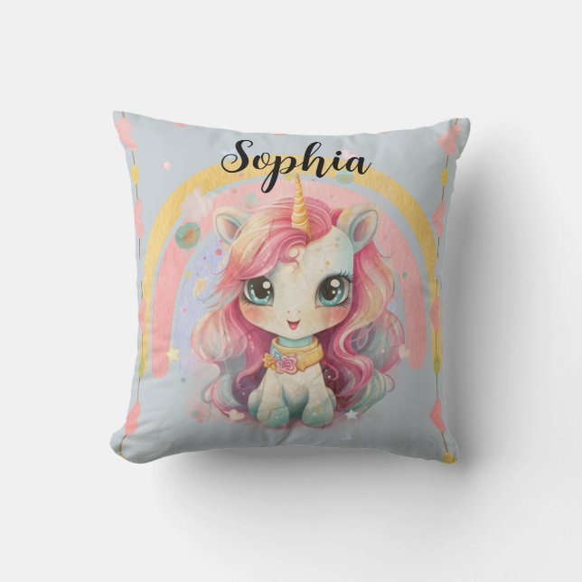Coussin Rainbow Pastel Blue Kawaii Unicorn Avec Nom (Recto)