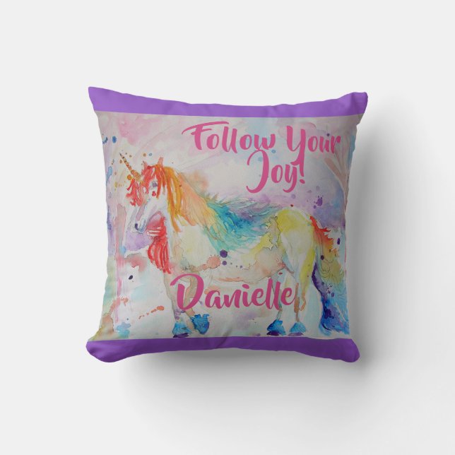 Coussin Rainbow Unicorn Aquarelle Enfants Nom Cushion (Recto)