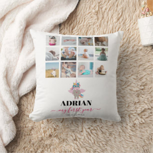 Coussin Rainbow Unicorn Baby Girl First Year Photo Collage