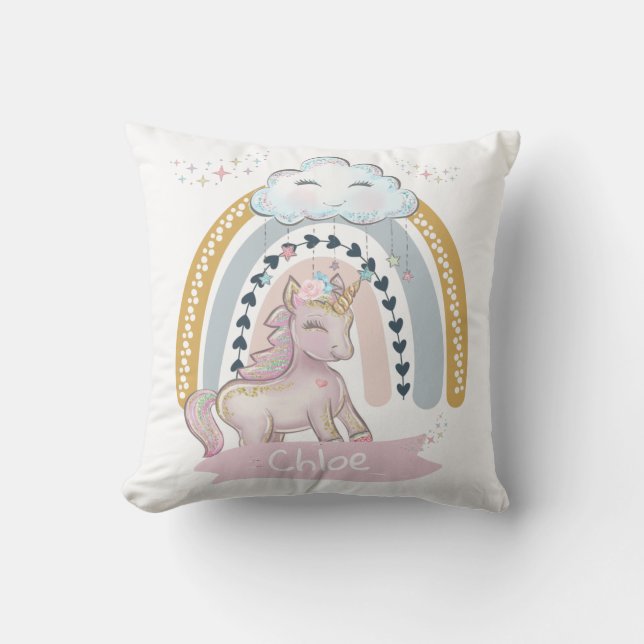 Coussin 🦄 Rainbow Unicorn Girl Nom personnalisé (Recto)