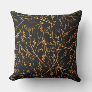 Coussin Rameaux orange brûlé sur fond noir