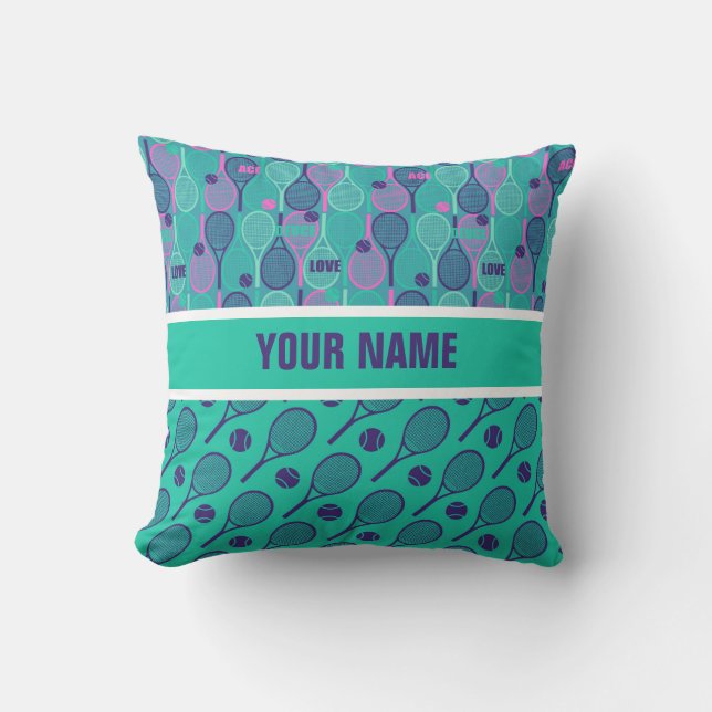 Coussin Raquettes de tennis minty et violet de votre nom (Recto)