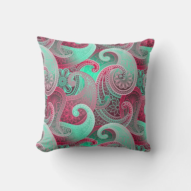 Coussin Raspberry rose et Aqu Paisley Boho Damask Patte (Recto)
