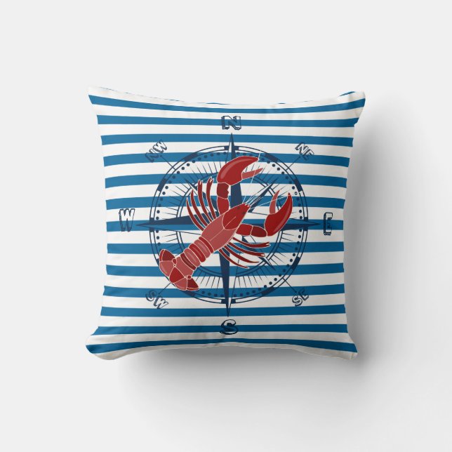 Coussin Rayure bleue et blanche de boussole et de homard (Recto)