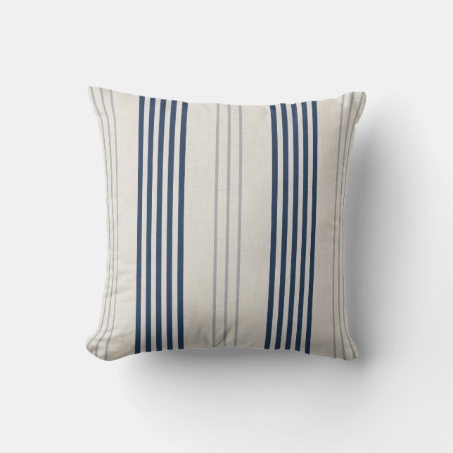 Coussin Rayure de coton Navy Slate à texture de lin (Recto)