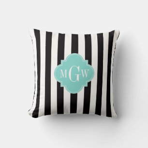 Coussin Rayure Noir Blanc Turquoise Quatrefeuille 3 Monogr