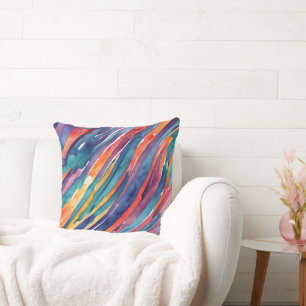 Coussin Rayures Aquarelle Orange, Rose Bleu Vert Violet