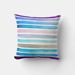 Coussin Rayures aquarelles bleues peintes à la main