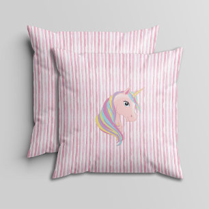 Coussin Rayures aquarelles roses et blanches avec licorne