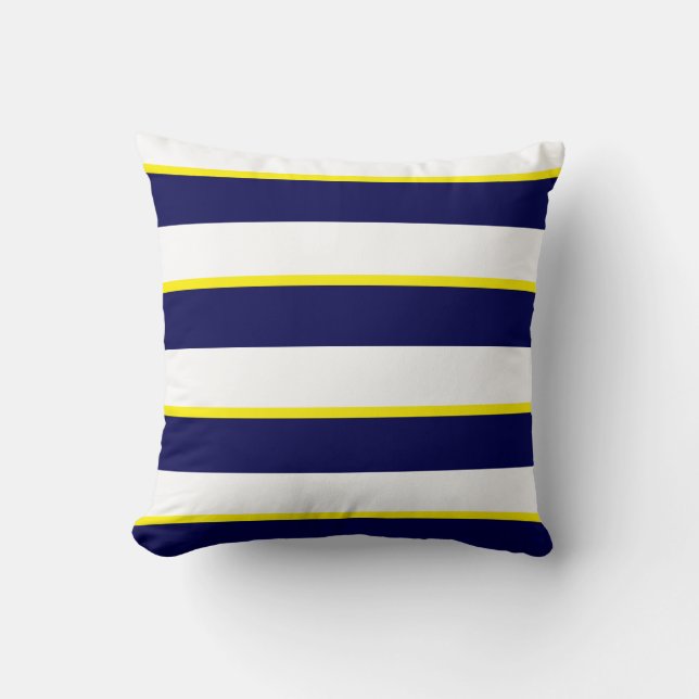 Coussin Rayures blanches de bleu marine, jaunes et grandes (Recto)