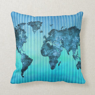 Coussin Rayures bleues au néon de la carte du monde