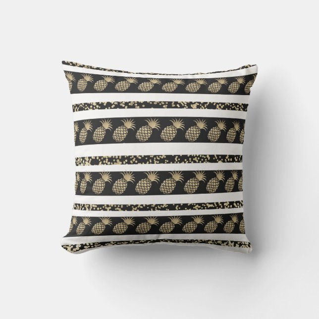 Coussin Rayures chics d'ananas de confettis de noir et (Recto)